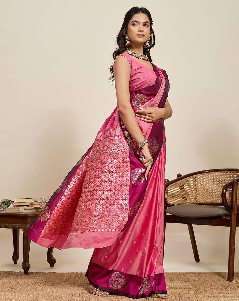 pink color soft art silk fabric woven jari designer ceremonial partywear saree