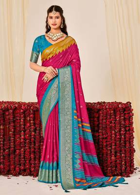 pink velvet tussar silk blend woven saree with smart elegant print 1