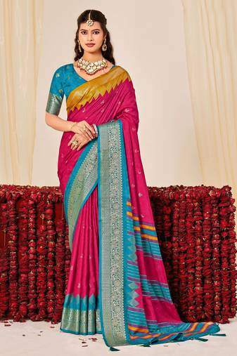 pink color velvet tussar silk blend fabric woven saree with smart elegant print