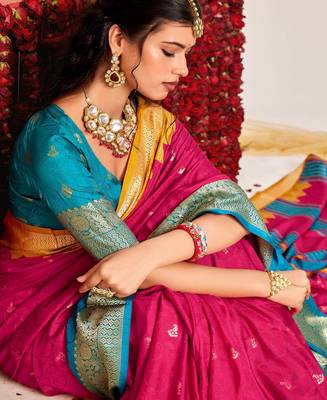 pink velvet tussar silk blend woven saree with smart elegant print 3