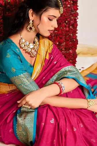 pink velvet tussar silk blend woven saree with smart elegant print