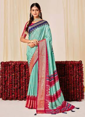 sky blue velvet tussar silk blend woven saree with smart elegant print 1
