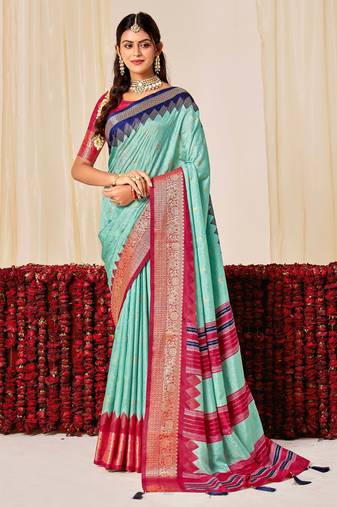 sky blue color velvet tussar silk blend fabric woven saree with smart elegant print