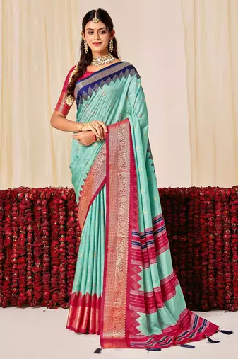 sky blue color velvet tussar silk blend fabric woven saree with smart elegant print