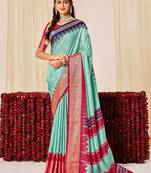 sky blue color velvet tussar silk blend fabric woven saree with smart elegant print