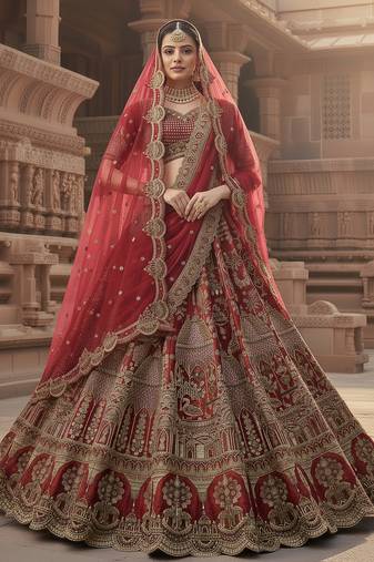 Red Handwork Khatali, Crystal Motif and Pipe work, Dori , Multi Thread, Sequins, Zari Embroidered Silk lehenga choli