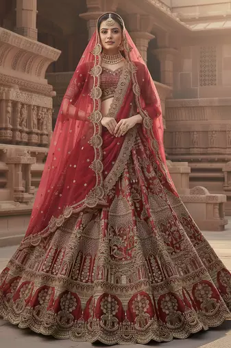 Red Handwork Khatali, Crystal Motif and Pipe work, Dori , Multi Thread, Sequins, Zari Embroidered Silk lehenga choli