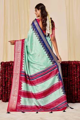 sky blue velvet tussar silk blend woven saree with smart elegant print 2