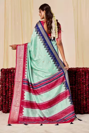 sky blue velvet tussar silk blend woven saree with smart elegant print