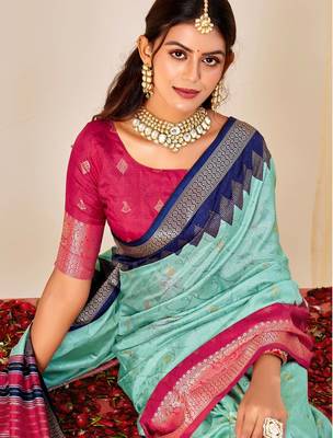 sky blue velvet tussar silk blend woven saree with smart elegant print 3