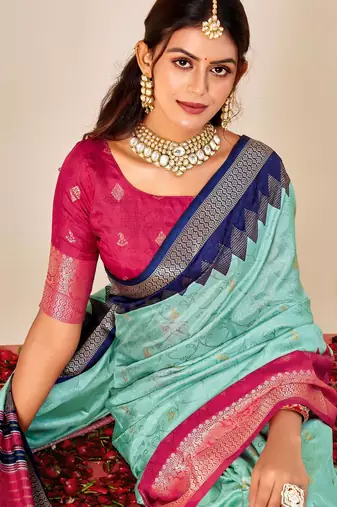 sky blue velvet tussar silk blend woven saree with smart elegant print