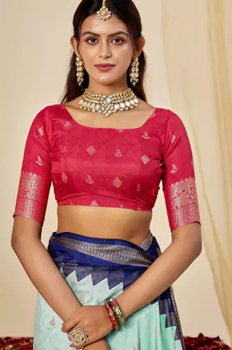 sky blue velvet tussar silk blend woven saree with smart elegant print