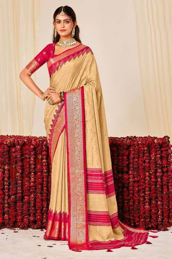 beige color velvet tussar silk blend fabric woven saree with smart elegant print