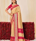 beige color velvet tussar silk blend fabric woven saree with smart elegant print