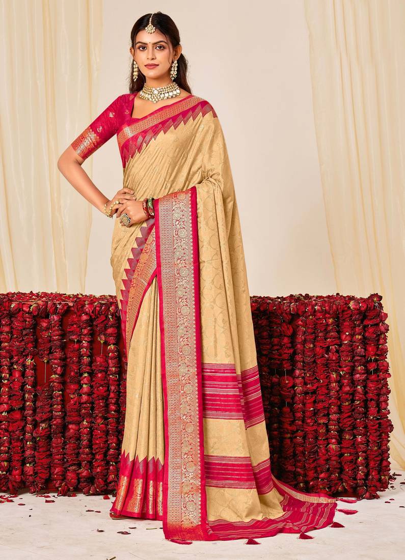 beige color velvet tussar silk blend fabric woven saree with smart elegant print