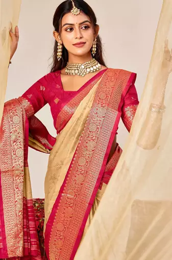 beige velvet tussar silk blend woven saree with smart elegant print