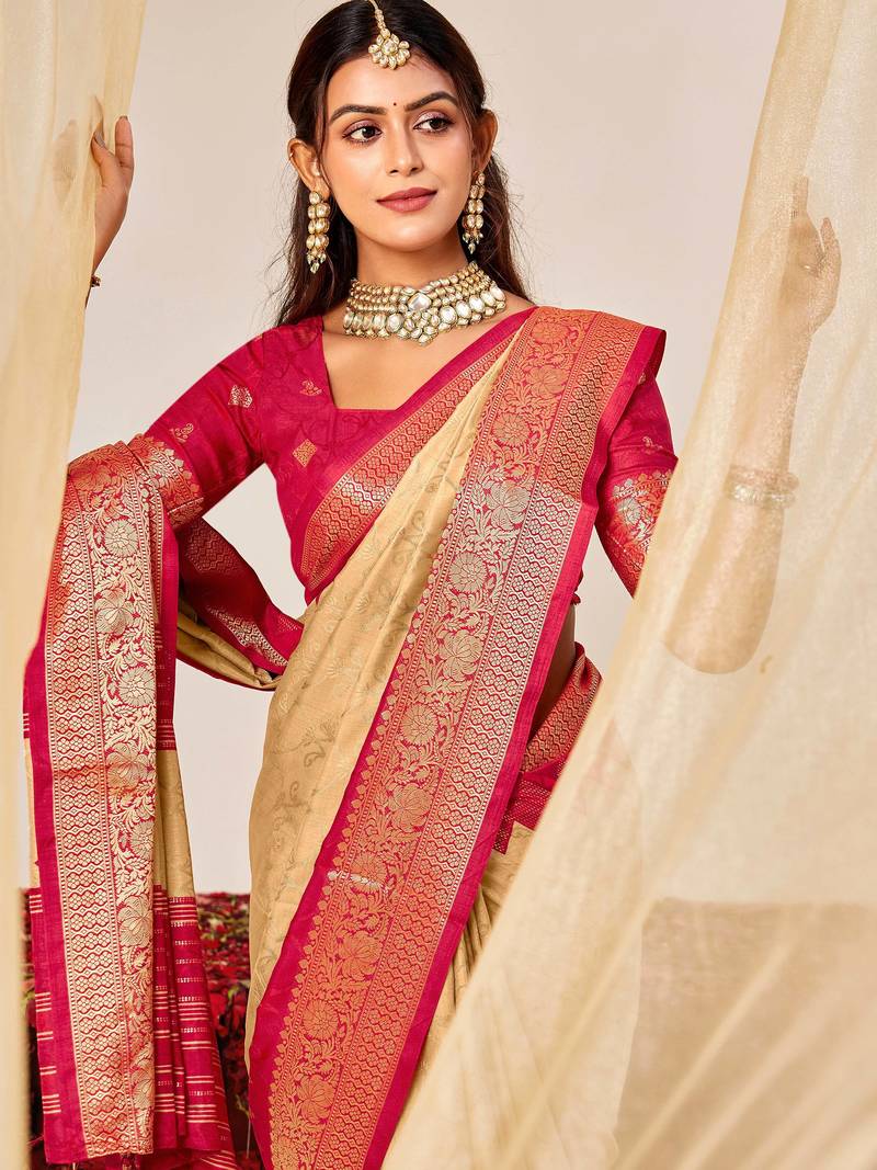 beige color velvet tussar silk blend fabric woven saree with smart elegant print