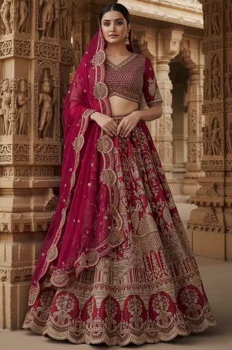 Pink Fancy, Dori, Multi thread, zari, Sequins Embroidered with Diamond Studded all over Silk wedding wear lehenga choli