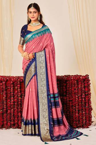 pink color velvet tussar silk blend fabric woven saree with smart elegant print