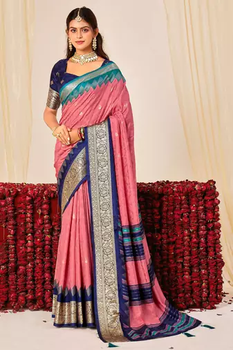 pink color velvet tussar silk blend fabric woven saree with smart elegant print