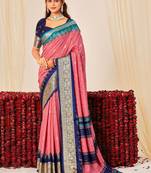 pink color velvet tussar silk blend fabric woven saree with smart elegant print