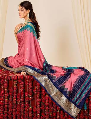 pink velvet tussar silk blend woven saree with smart elegant print 3
