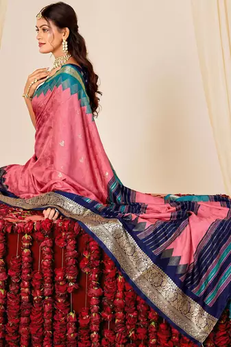 pink velvet tussar silk blend woven saree with smart elegant print