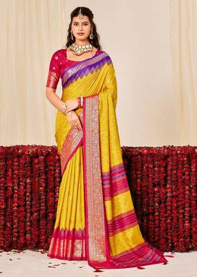 yellow velvet tussar silk blend woven saree with smart elegant print 1