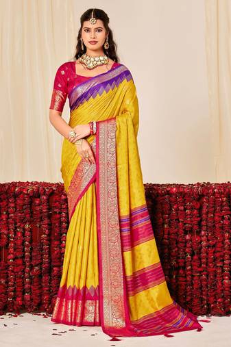 yellow color velvet tussar silk blend fabric woven saree with smart elegant print