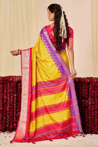 yellow velvet tussar silk blend woven saree with smart elegant print