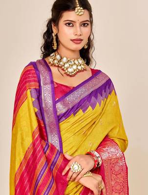 yellow velvet tussar silk blend woven saree with smart elegant print 3