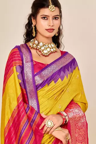 yellow velvet tussar silk blend woven saree with smart elegant print