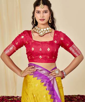 yellow velvet tussar silk blend woven saree with smart elegant print 4