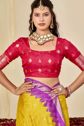 yellow velvet tussar silk blend woven saree with smart elegant print