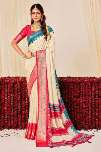 off white color velvet tussar silk blend fabric woven saree with smart elegant print