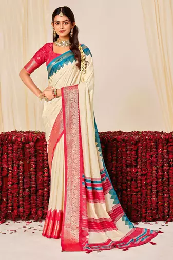 off white color velvet tussar silk blend fabric woven saree with smart elegant print