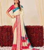 off white color velvet tussar silk blend fabric woven saree with smart elegant print