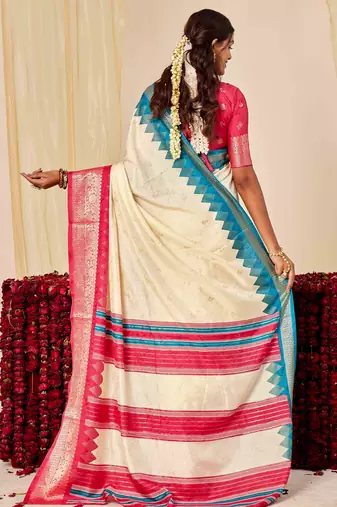 off white velvet tussar silk blend woven saree with smart elegant print