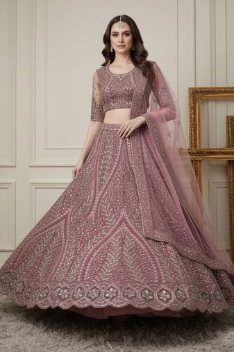 Catching Pink Dori, Zari, Sequence, Thread Embroidered and motif work Heavy net wedding designer Lehenga Choli for women