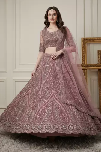 Catching Pink Dori, Zari, Sequence, Thread Embroidered and motif work Heavy net wedding designer Lehenga Choli for women