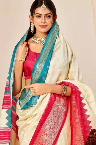 off white velvet tussar silk blend woven saree with smart elegant print