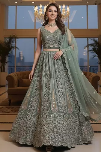 Attractive Pista Dori, Zari And Thread, Sequence Embrodered and Zircon diamond Bridal Net Wedding Lehenga Choli