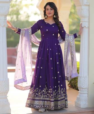 Purple Star Georgette Fully Embroidered Gown for Women | Zari & Sequins Work | Fendi Sequins Dupatta 1