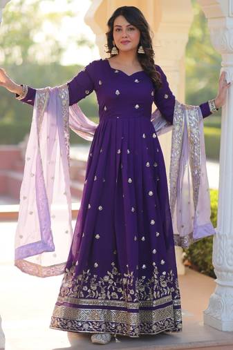 Purple Star Georgette Fully Embroidered Gown for Women | Zari & Sequins Work | Fendi Sequins Dupatta