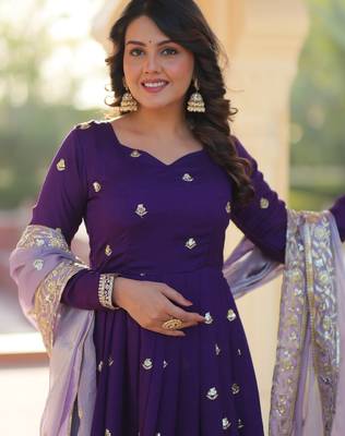 Purple Star Georgette Fully Embroidered Gown for Women | Zari & Sequins Work | Fendi Sequins Dupatta 2
