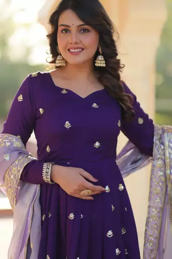 Purple Star Georgette Fully Embroidered Gown for Women | Zari & Sequins Work | Fendi Sequins Dupatta