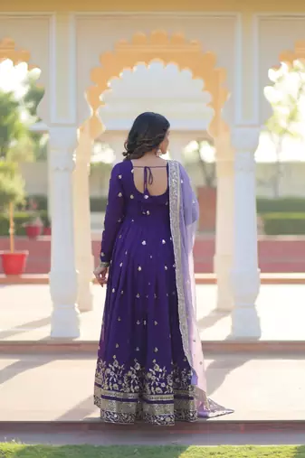 Purple Star Georgette Fully Embroidered Gown for Women | Zari & Sequins Work | Fendi Sequins Dupatta