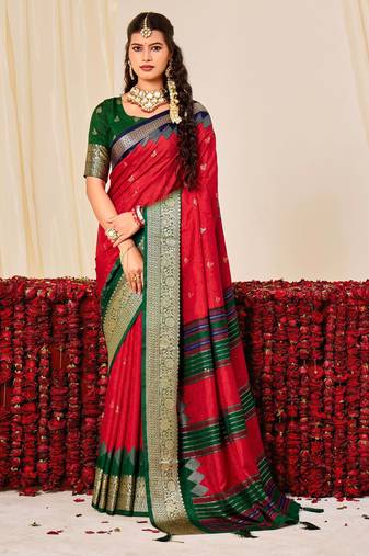 red color velvet tussar silk blend fabric woven saree with smart elegant print