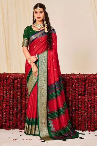 red color velvet tussar silk blend fabric woven saree with smart elegant print
