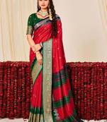 red color velvet tussar silk blend fabric woven saree with smart elegant print